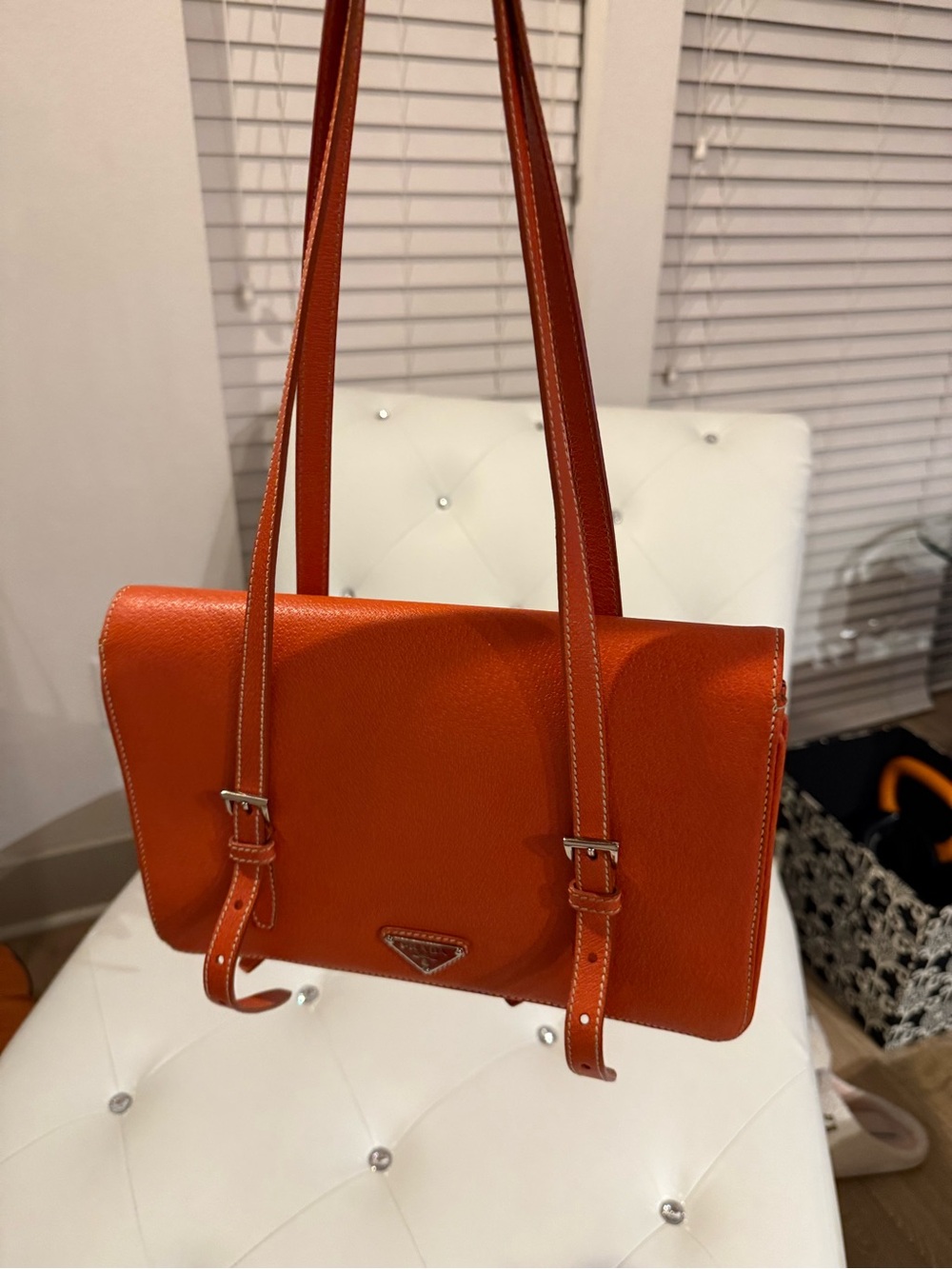 Prada Orange Double-Strap Leather Shoulder Bag - Vintage - Picture 11 of 13